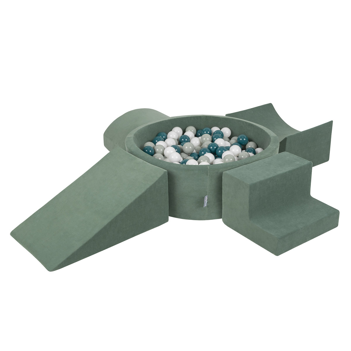 KiddyMoon Piankowy plac zabaw z piłeczkami zieleń lasu: ciemny turkus-zielonoszary-biały basen 300/klin L/rampa L/półwałek L/schodek Zabawka plac za..