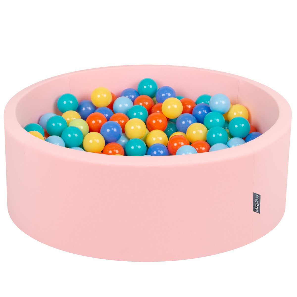 KiddyMoon Suchy basen okrągły z piłeczkami 7cm różowy: jasny zielony-pomarańcz-turkus-niebieski-babyblue-żółty 90x30cm/300piłek Zabawka basen piankowy