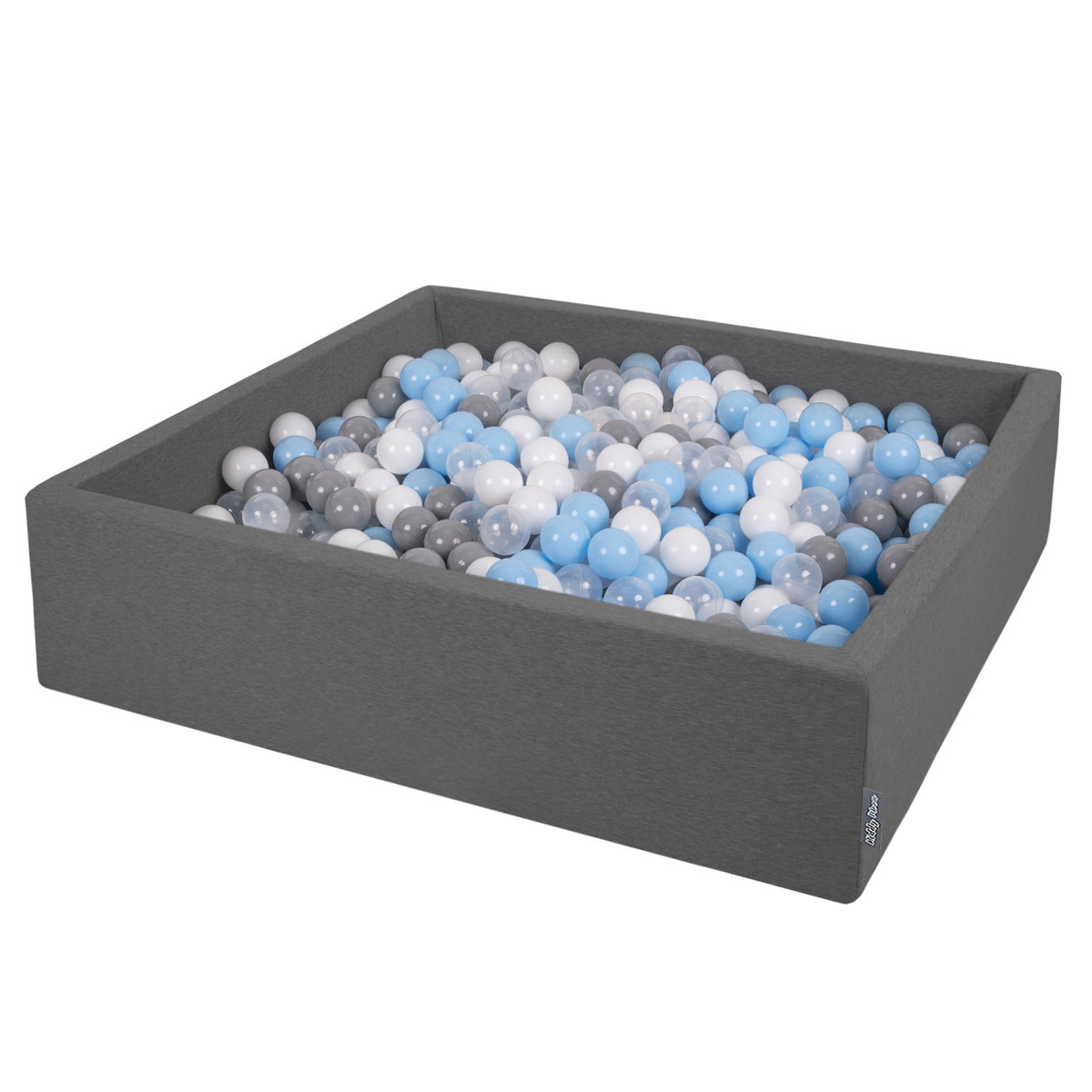 KiddyMoon Suchy basen kwadratowy z piłeczkami 7cm 120x30 ciemnoszary: szary-biały-transparent-babyblue 120x30/200piłek Zabawka basen piankowy