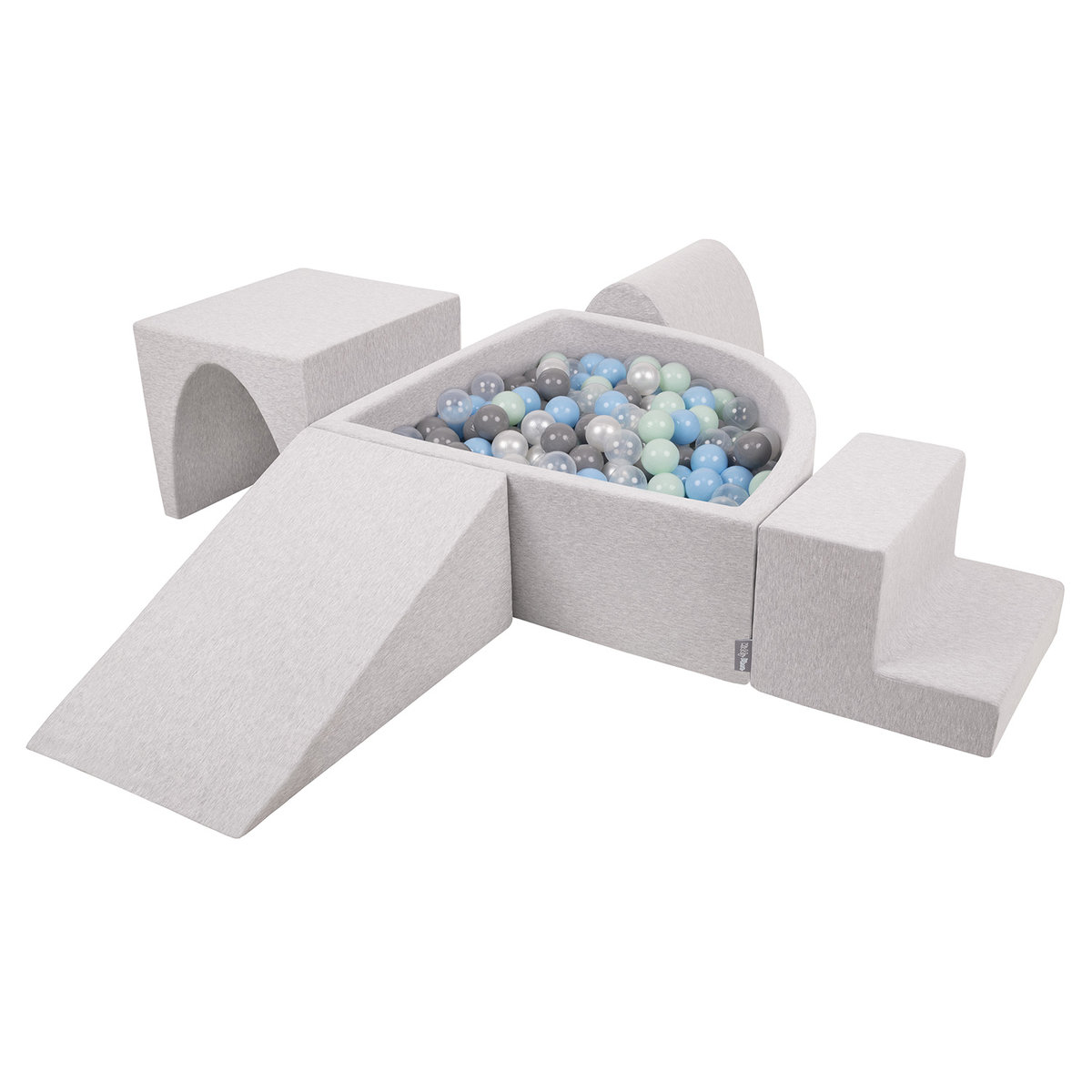 KiddyMoon Piankowy plac zabaw PPZP-TR30D-125 z piłeczkami jasnoszary: perła-szary-transparent-babyblue-mięta basen 300/klin L/górka/tunel/schodek Za..