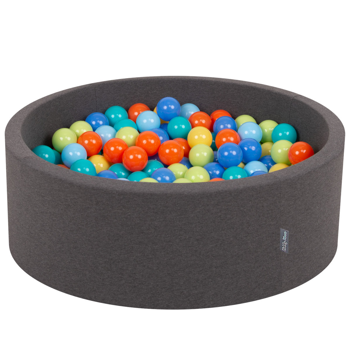 KiddyMoon Suchy basen okrągły z piłeczkami 7cm ciemnoszary: jasny zielony-pomarańcz-turkus-niebieski-babyblue-żółty 90x30cm/300piłek Zabawka basen p..