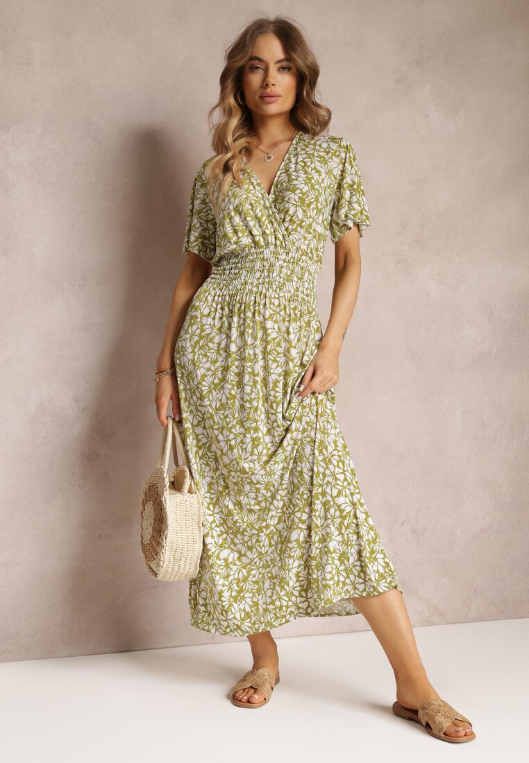Jasnozielona Rozkloszowana Sukienka Maxi w Kwiaty z Gumką w Pasie Aeyana