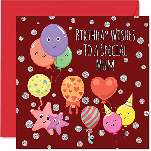 Zabawne kartki urodzinowe dla mamy - balony urodzinowe - kartka urodzinowa dla mamy od córki syna, prezenty urodzinowe dla matki, 145 mm x 145 mm urodzinowe kartki z życzeniami dla mamy