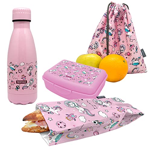 NERTHUS FIH 1026 Zestaw Butelka Podwójna Ściana Stal nierdzewna + Lunchbox + Torba Przekąska + Plecak Jednorożce