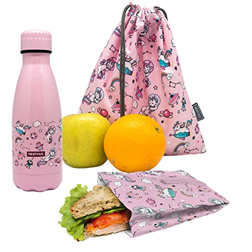 NERTHUS FIH 1025 Zestaw Butelka Podwójna Ściana Stal nierdzewna + Torba Sandwich + Plecak Jednorożce