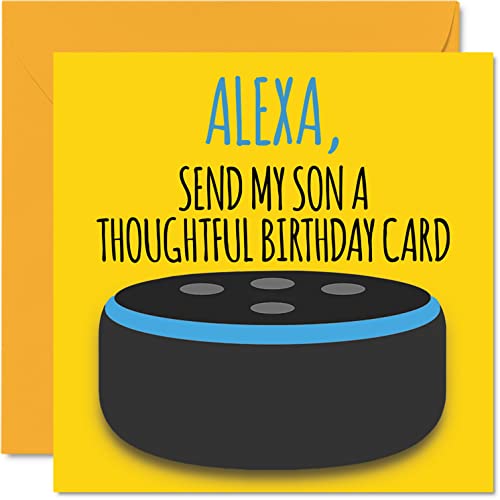 Śmieszne kartki urodzinowe dla syna - Alexa - żart kartka urodzinowa dla syna od mamy taty rodziców, banter prezent urodzinowy, 145 mm x 145 mm zabawne kartki z życzeniami dla syna