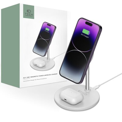 Ładowarka indukcyjna Tech-Protect Qi15W A21 2IN1 Magnetic Magsafe Wireless Charger, biała