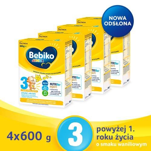 Bebiko Junior 3 NUTRIflor Expert na bazie mleka – dla dzieci powyżej 1. roku o smaku waniliowym 4x600g