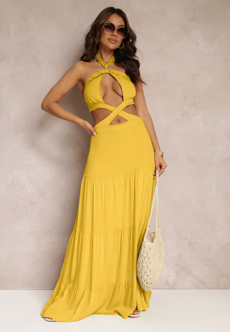 Żółta Rozkloszowana Sukienka z Wiskozy z Wiązaniem i Wycięciami Kailen