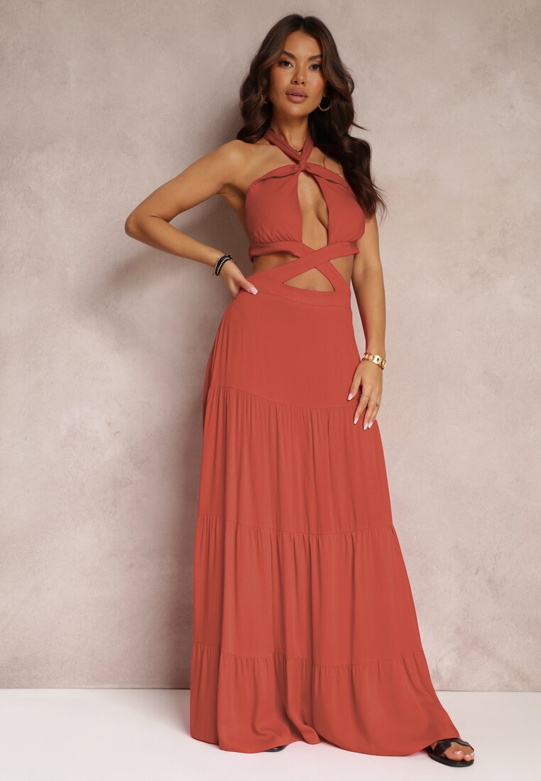 Różowa Rozkloszowana Sukienka z Wiskozy z Wiązaniem i Wycięciami Kailen