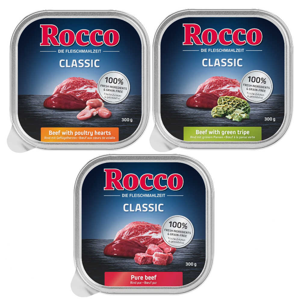 Mieszany zestaw próbny Rocco Classic tacki, 9 x 300 g - Zestaw Classic 1: wołowina, żwacze, serca drobiowe