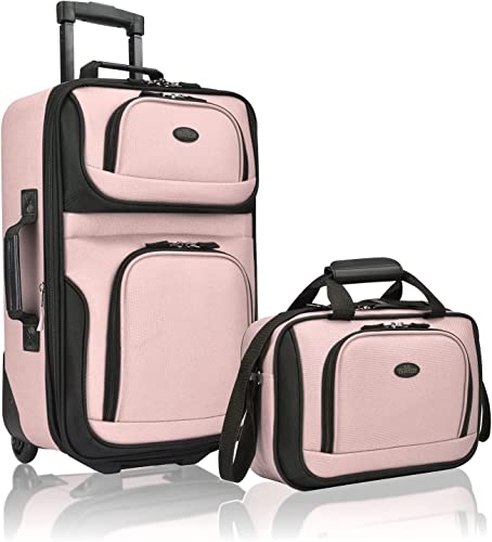 U.S. Traveler Rio Fashion miękka twarda tkanina rozszerzalna walizka podręczna zestaw bagażu podróżnego z kółkami, różowo-różowa, 2-częściowy (14/21)