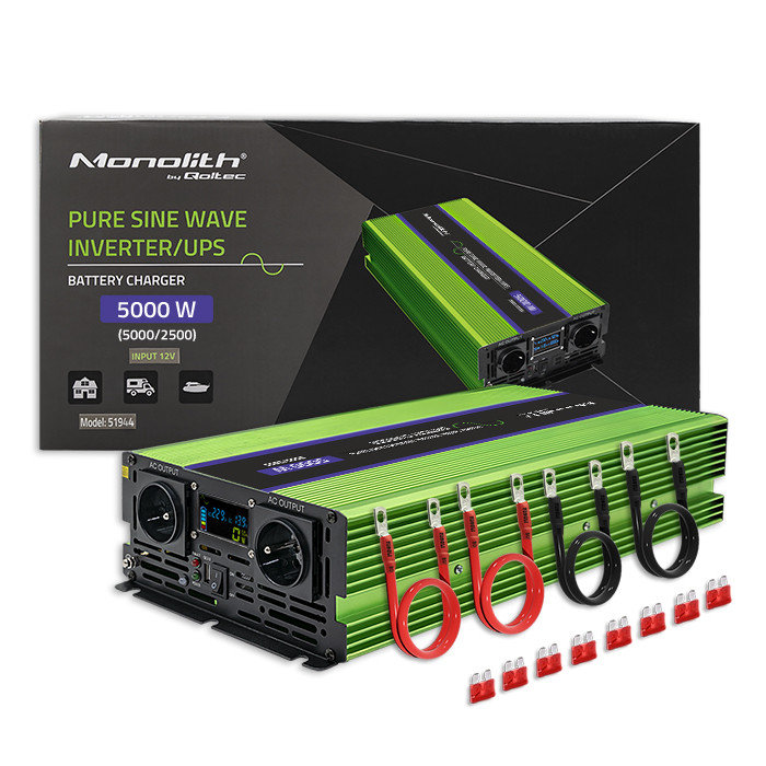 Qoltec Przetwornica Napięcia Monolith Ładowanie Baterii Ups 2500W 5000W 12V Na 230V Czysty Sinus Lcd