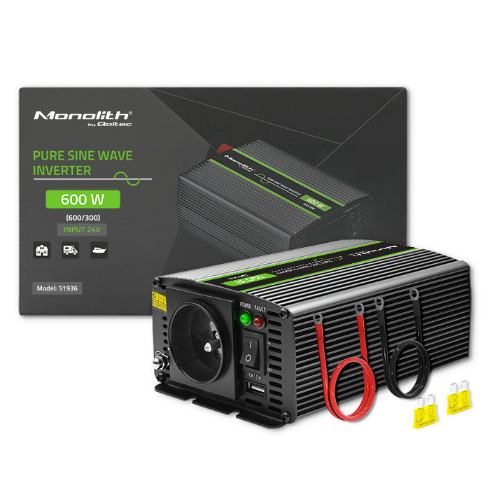 Qoltec Przetwornica Napięcia Monolith 300W 600W 24V Na 230V Czysty Sinus