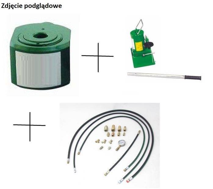 Siłownik płaski (wysokość podnoszenia min/max: 110-140mm, udźwig: 10T) + do wyboru: pompa hydrauliczna, przewód wysokociśnieniowy, szybkozłącze 1/4’’, manometr 62781593