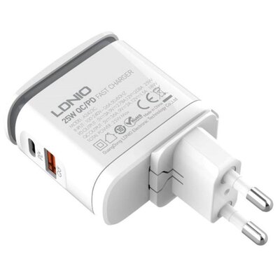 Ldnio Ładowarka sieciowa z funkcją lampki A2423C, USB + USB-C, PD + QC 3.0, 25W (biała)
