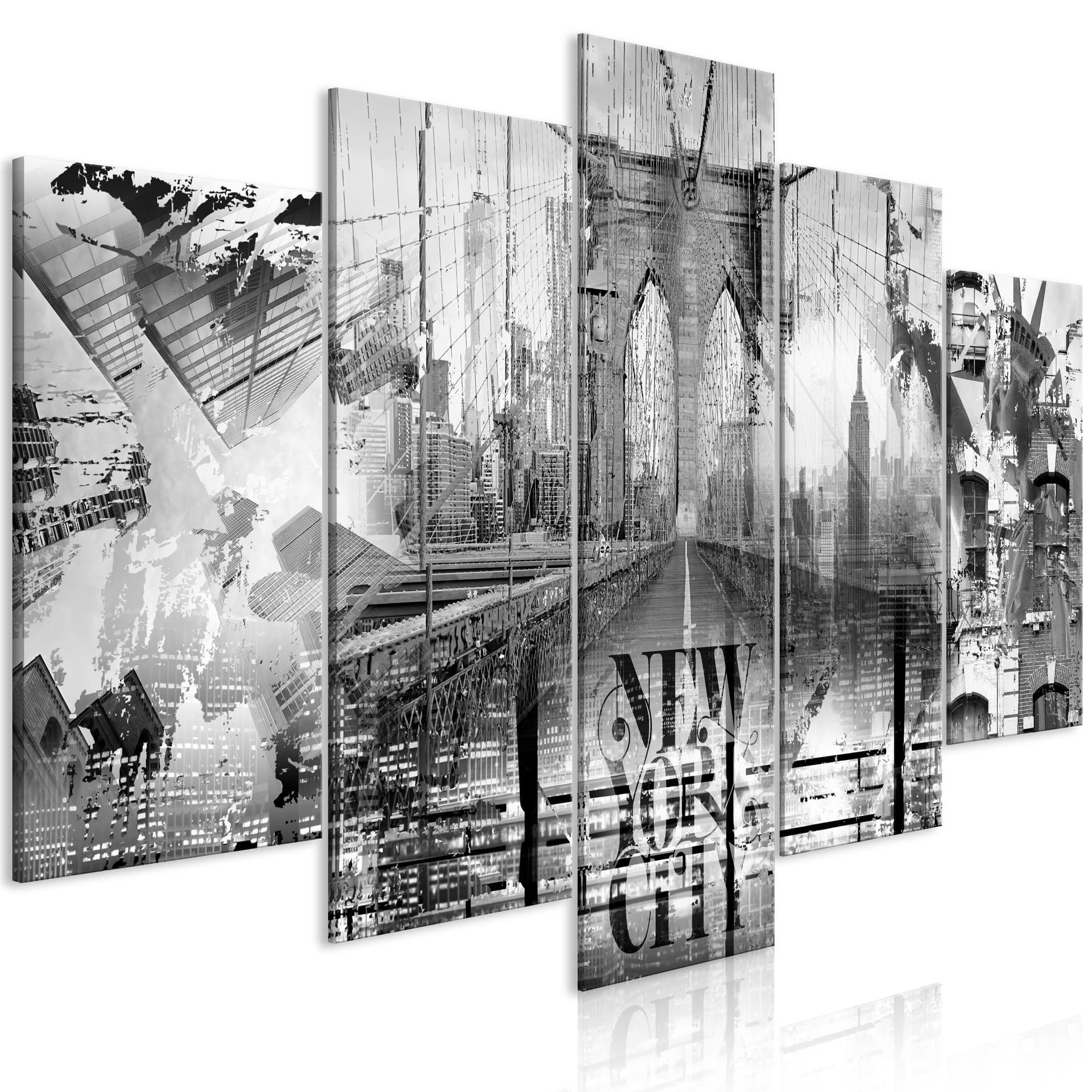 Obraz - New York City Collage (5-częściowy) szeroki czarno-biały (rozmiar 200x100)
