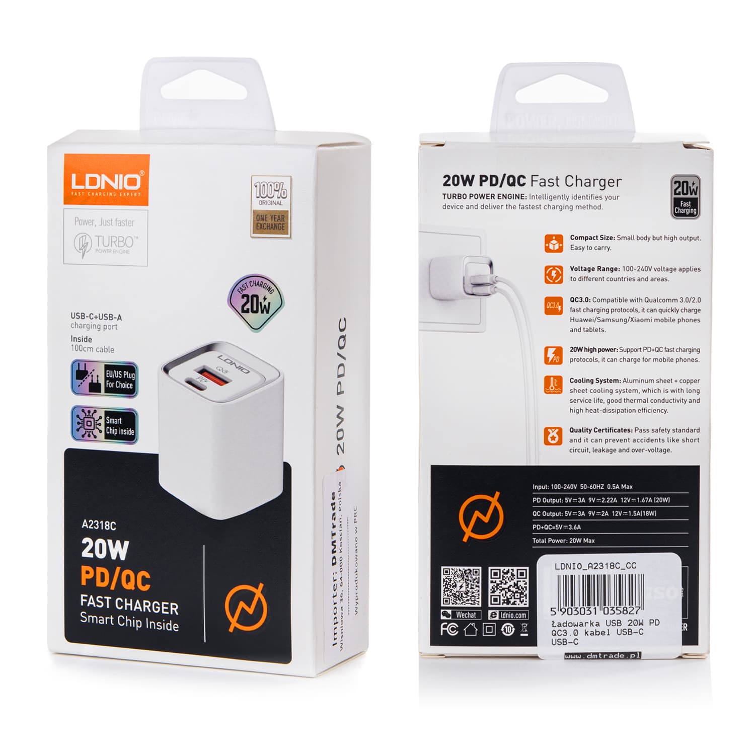 Ładowarka USB 20W PD QC3.0 kabel USB-A USB-C
