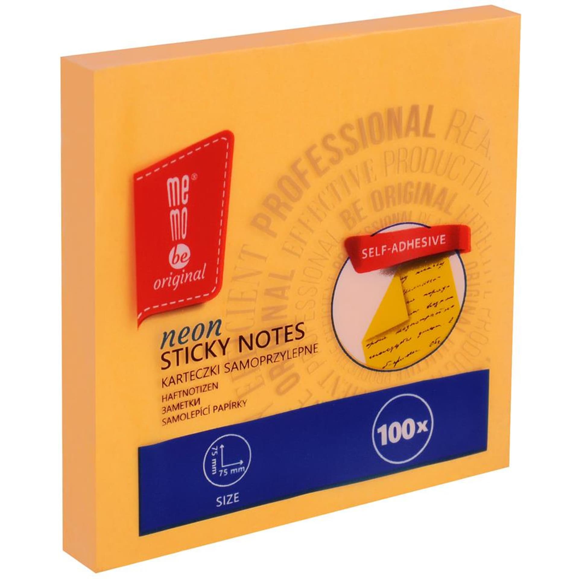 Bloczek samoprzylepny 75x75mm pomarańczowy neonowy 100kartek MB100-21-100 MemoBe