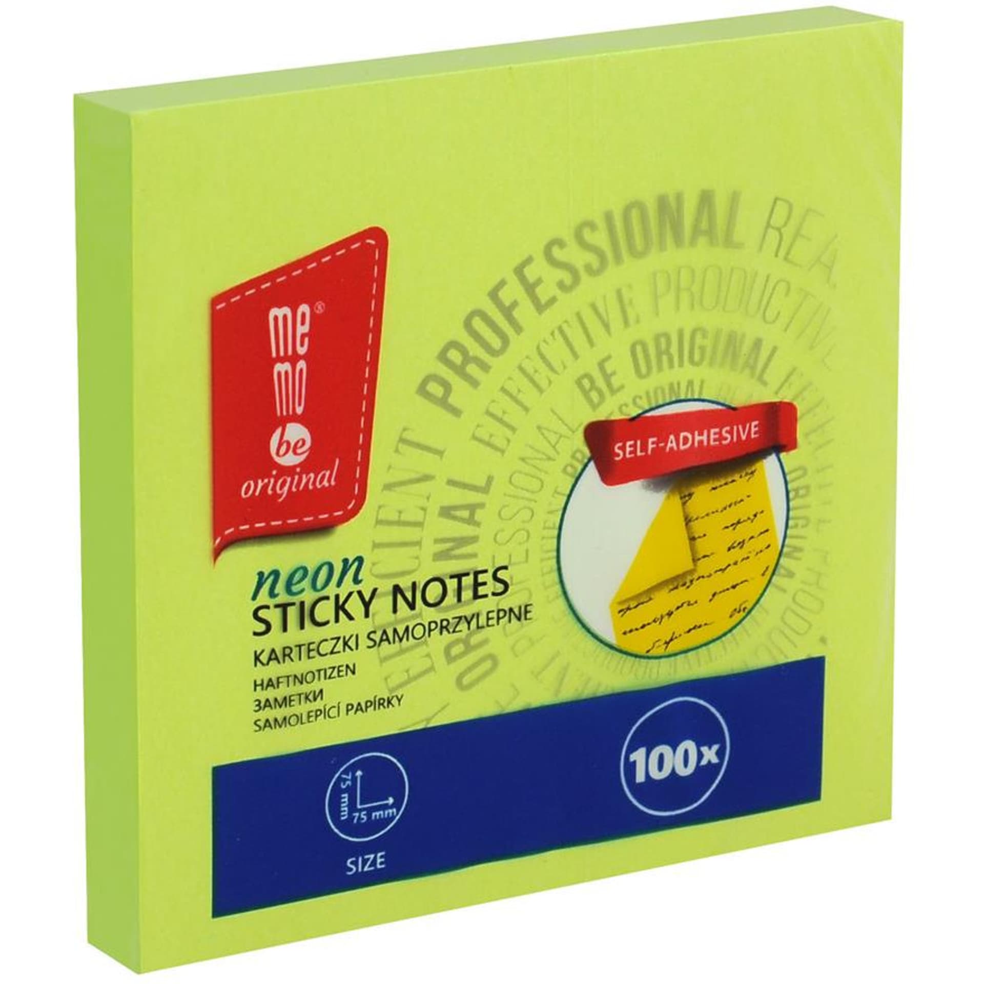 Bloczek samoprzylepny 75x75mm zielony neonowy 100kartek MB100-22-100 MemoBe