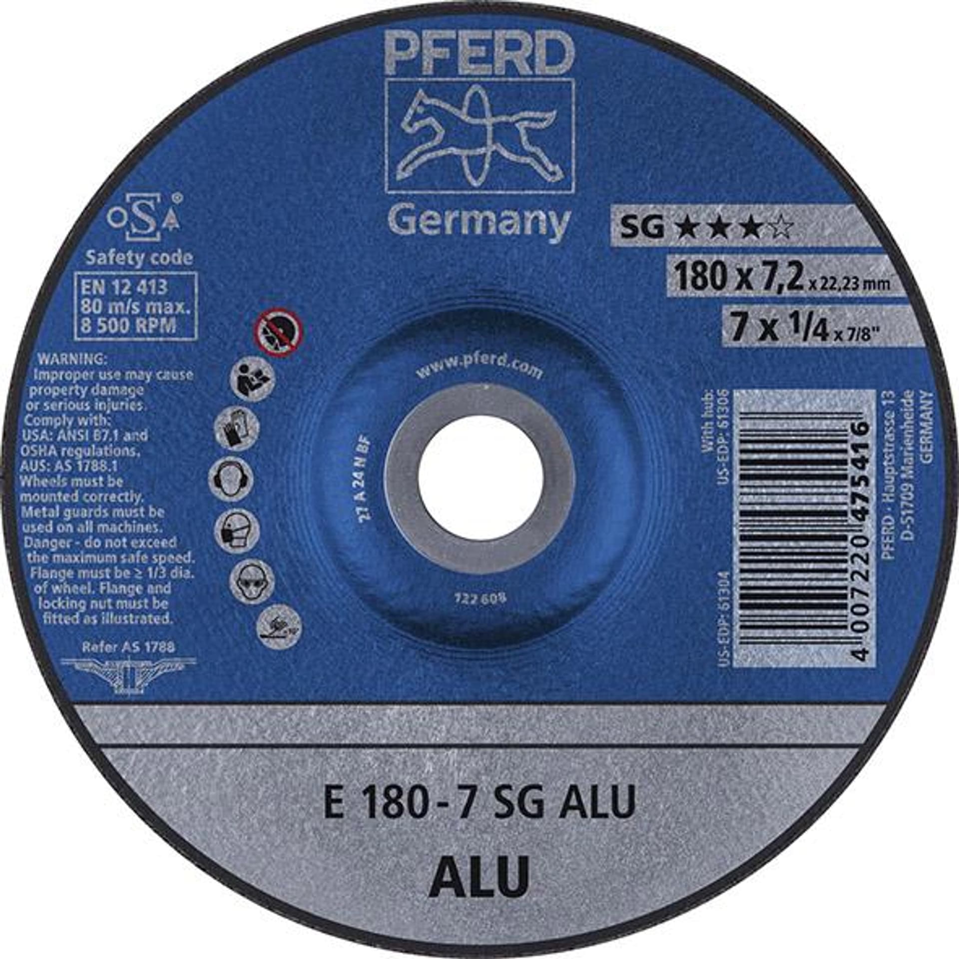 Tarcza scierna do obrobki zgrubnej,odsadzona do aluminium A24NSG 178x7,2mm PFERD