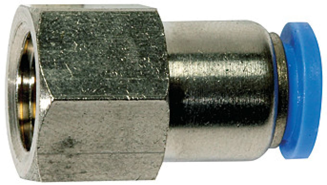 Złączka wtykowa prosta mosiężna niklowanado węża 6, gwint wewnętrzny metryczny M5w, 124.005-6