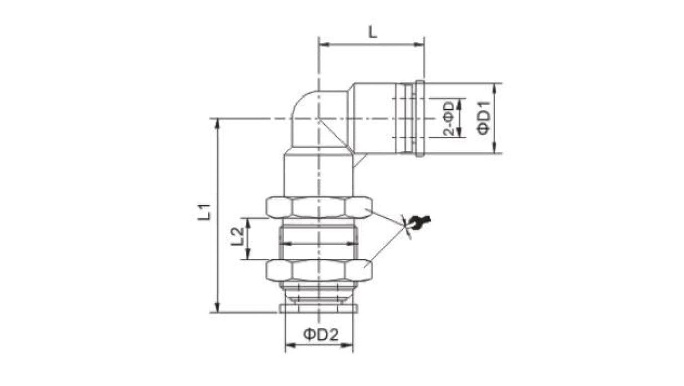 Złączka wtykowa grodziowa kątowa do węża fi 12, gwint nakrętki M22x1,tworzywo sztuczne/mosiądz niklowany, 152.012