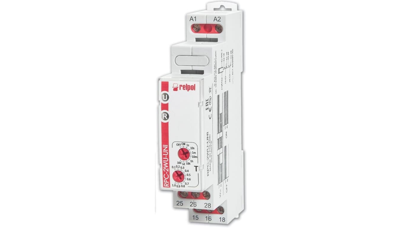 Relpol Przekaźnik czasowy 2P 1sek-10dni 12-240V AC/DC 50/60 Hz opóźnione załączenie RPC-2WU-UNI 863197 863197