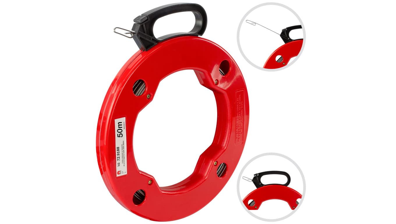 Linka stalowa do przeciągania kabli 1,3x3mm 50m czerwona kaseta NEKU