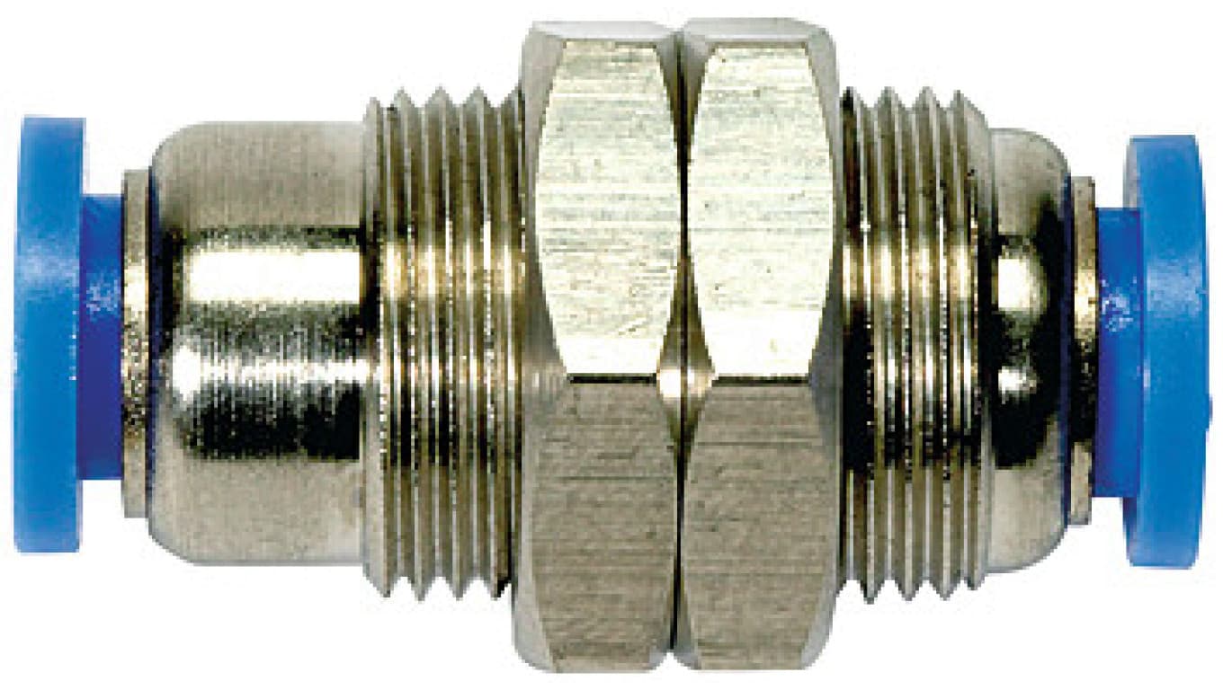 Złączka wtykowa grodziowa z mosiądzu niklowanego do węża 6, gwint nakrętki M14x1, 149.006