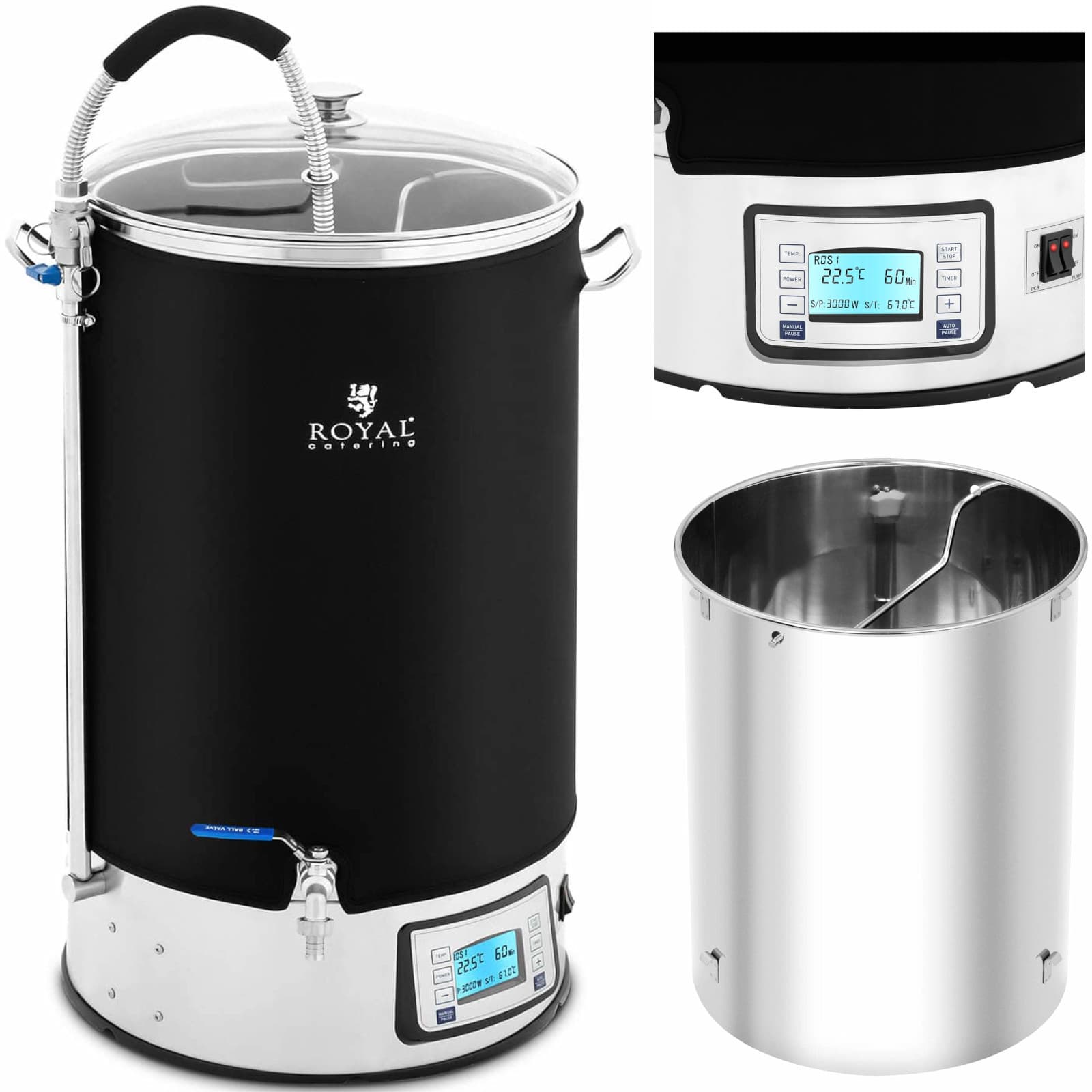 Royal Catering Kocioł warzelny z izolacją - 60 l - 3000 W - 10-100°C - stal nierdzewna - wyświetlacz LCD - timer RCBM-60IN