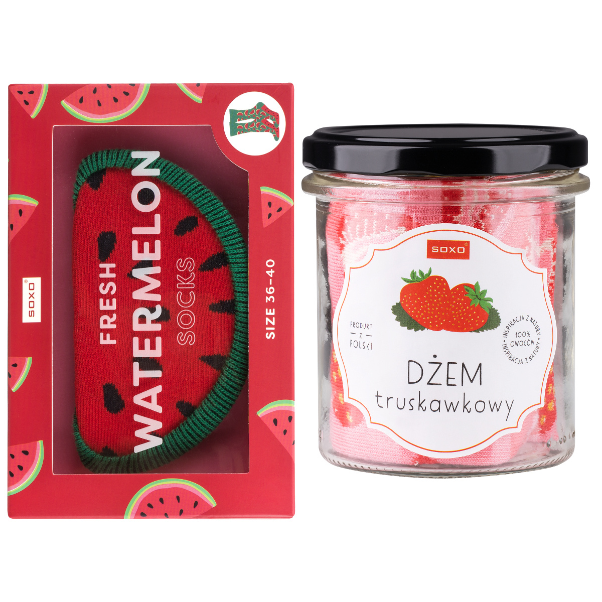 Zestaw 2x Skarpetki Damskie SOXO | Arbuz w pudełku | Dżem  truskawkowy w słoiku| Doskonały pomysł na prezent