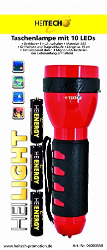 HEITECH latarka z 10 diodami LED - obrotowy włącznik/wyłącznik, w zestawie 3 baterie Mignon