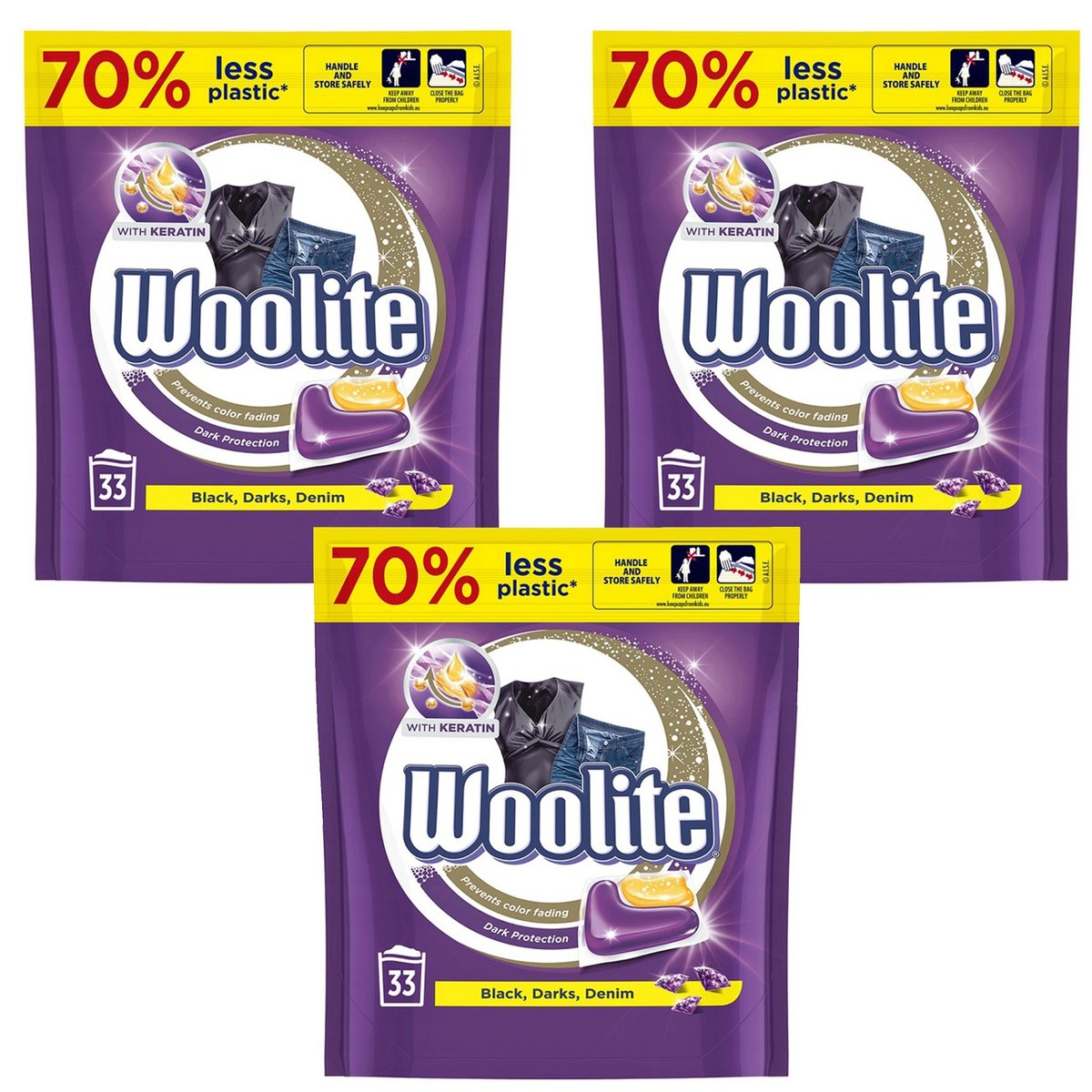 Zestaw Woolite Dark z keratyną Kapsułki do Prania Czerń, ciemne kolory i jeans 99 szt