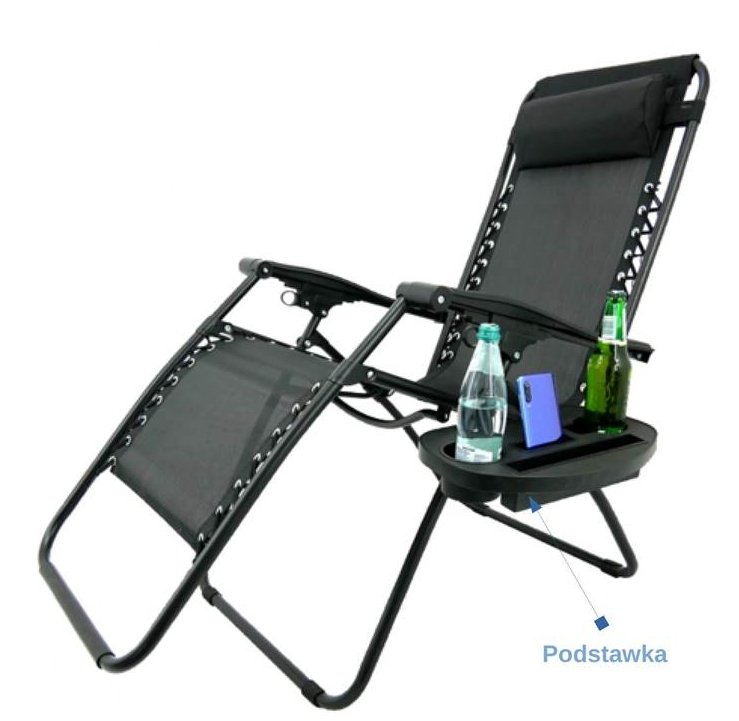 Leżak ogrodowy grawitacyjny krzesło fotel DUŻY CZARNY + podstawka