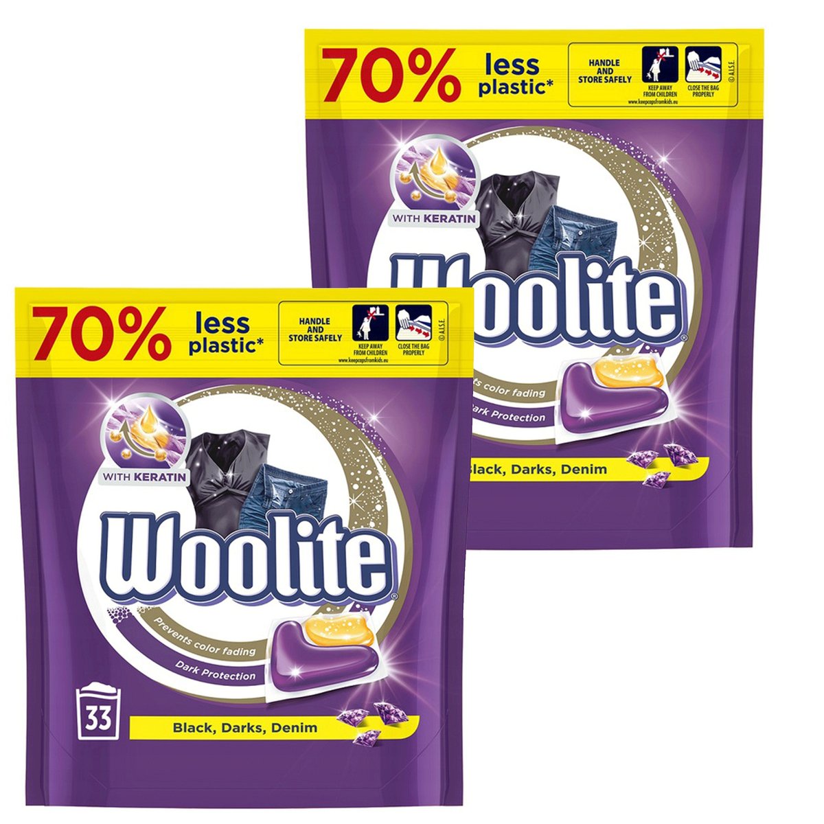 Zestaw Woolite Dark z keratyną Kapsułki do Prania Czerń, ciemne kolory i jeans 66 szt