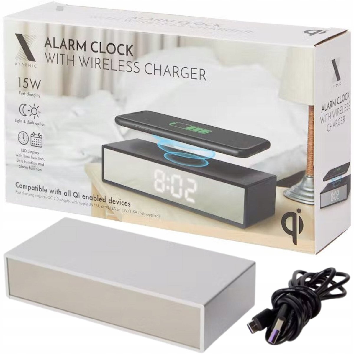 Zegar Budzik Alarm Lcd Ładowarka Bezprzewodowa 15W