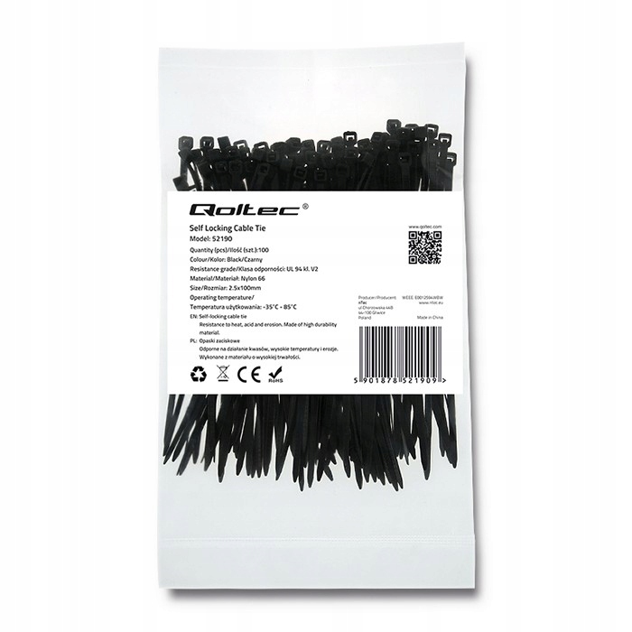 QOLTEC Opaski zaciskowe 2.5x100mm nylon UV 100szt. czarne (52190)