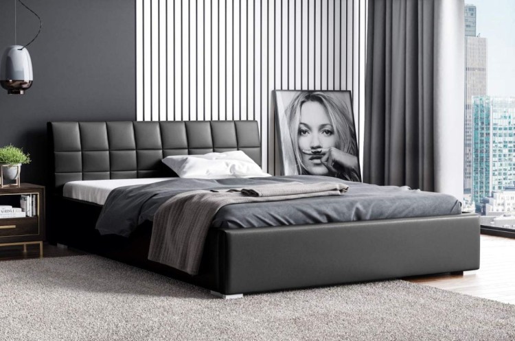 Łóżko tapicerowane pikowane Kendi 180x200 Czarne Metalowy Stelaż