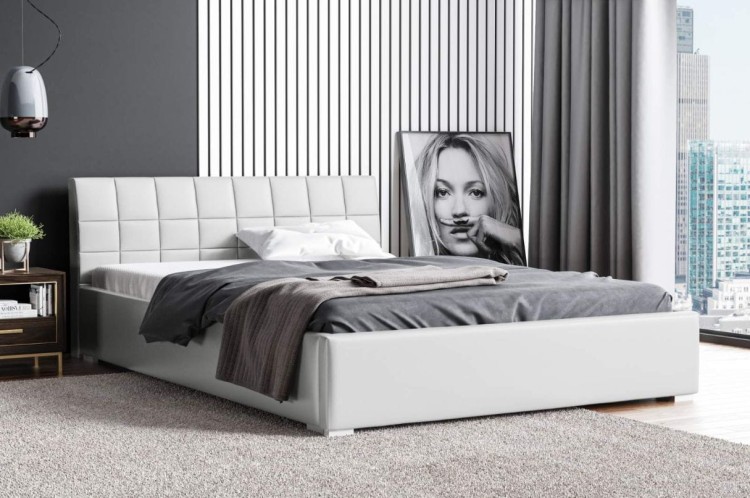 Łóżko tapicerowane pikowane z materacem Kendi 140x200 Białe Metalowy Stelaż