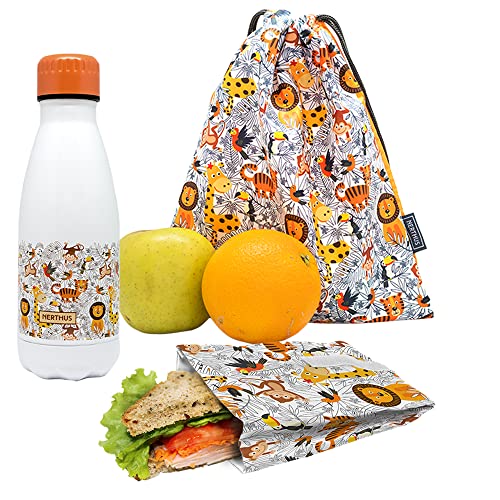 NERTHUS FIH 1014 Zestaw Butelka Podwójna Ściana Stal nierdzewna + Torba Sandwich + Plecak Lwy