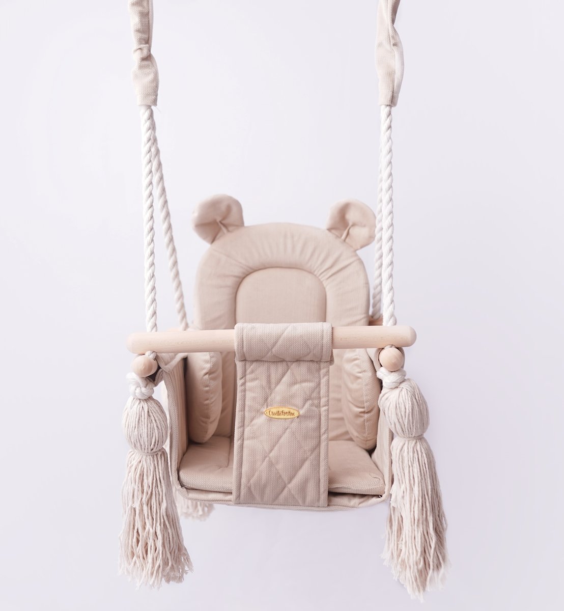 Huśtawka dla dziecka | niemowlaka domowa Miś drewniana | bezpieczna | Velvet pikowana BEŻ | 100% ECO | CE | Create For You
