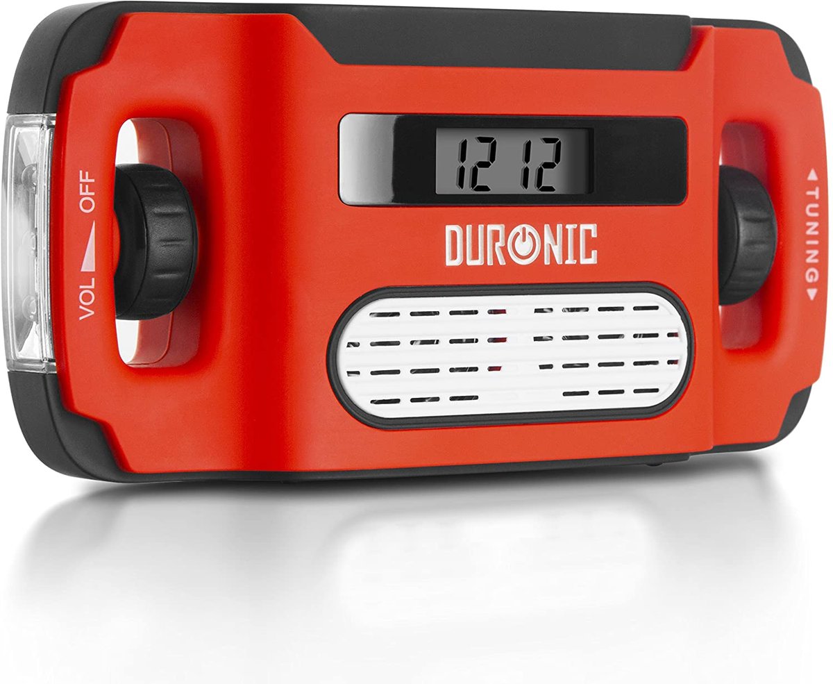 Duronic APEX Radio pogodowe z wyświetlaczem i latarką | zasilane solarnie dynamo lub USB | przenośne radio turystyczne na korbkę solarne z zegarem |..