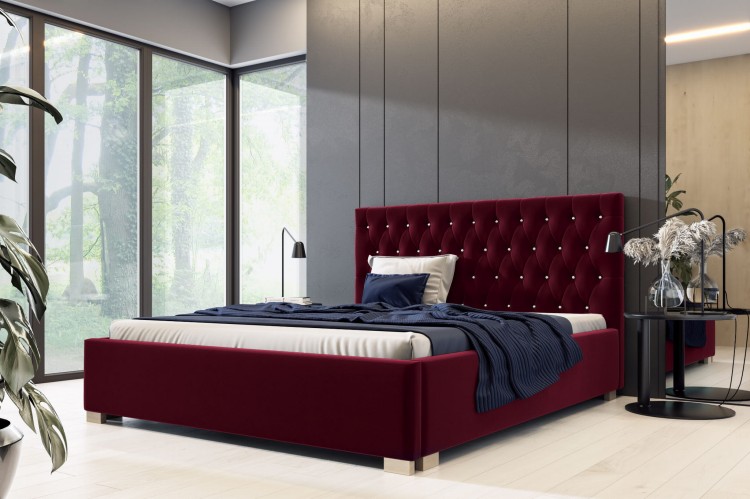 Łóżko tapicerowane pikowane z materacem Lena 160x200 Burgundowe Metalowy Stelaż