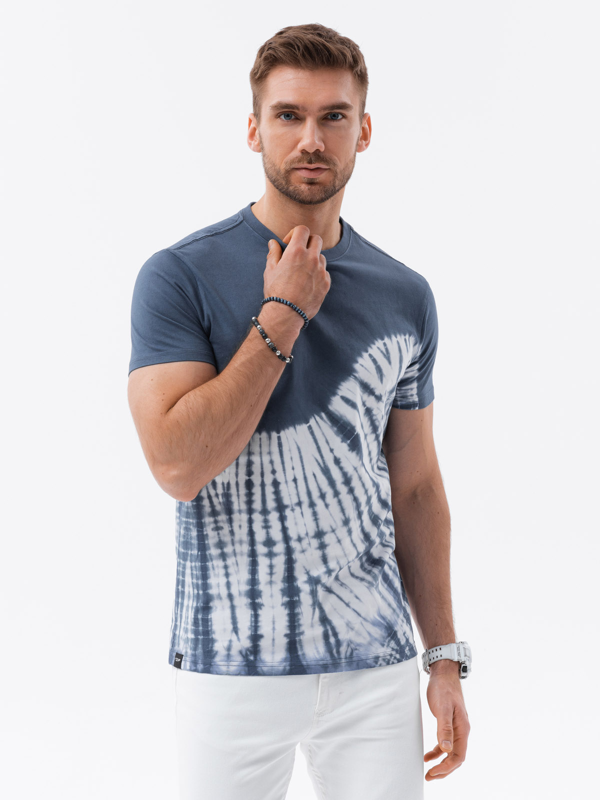T-shirt męski bawełniany TIE DYE - ciemnoniebieski V4 S1617