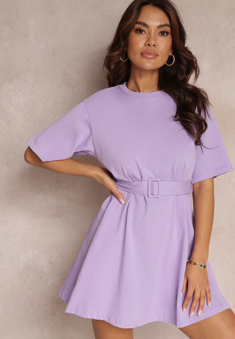 Fioletowa Rozkloszowana Sukienka Mini z Bawełny z Dodatkowym Paskiem Seibeia