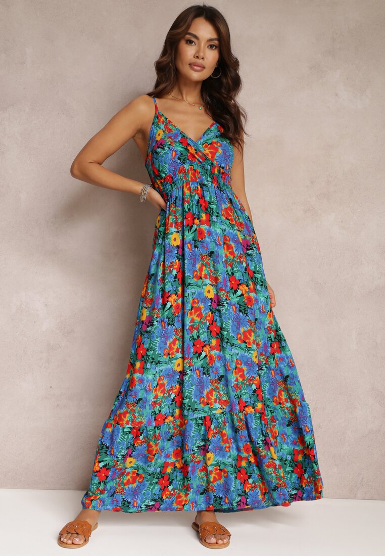 Niebieska Rozkloszowana Sukienka z Wiskozy w Kwiaty Eurena