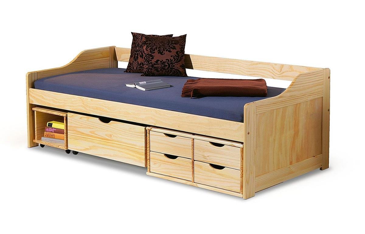 Łóżko, sosna, ELIOR Nixer, z szufladami, 72x209x96 cm