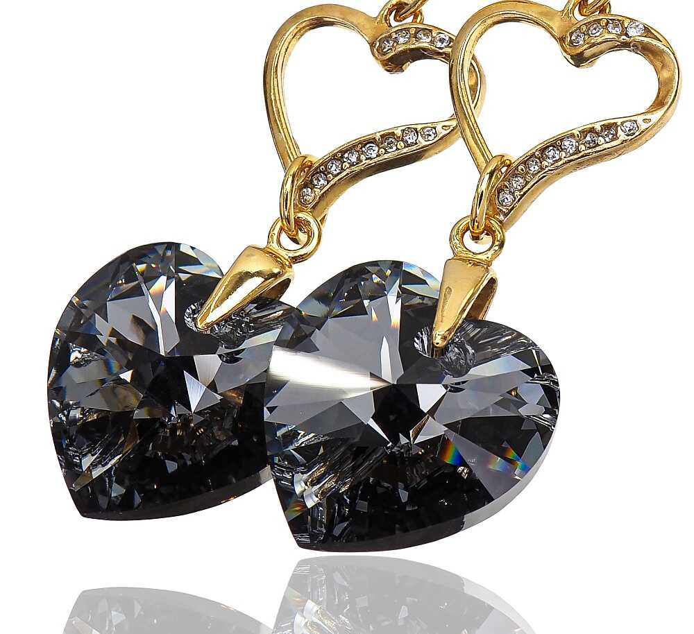 Kryształy piękne kolczyki SILVER NIGHT HEART GOLD SERCE ZŁOTE SREBRO