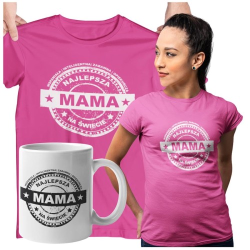 Koszulka dla Mamy na Dzień Mamy prezent z kubkiem i napisem Najlepsza mama na świecie, wspaniała, inteligentna, zabawna, opiekuńcza różowa